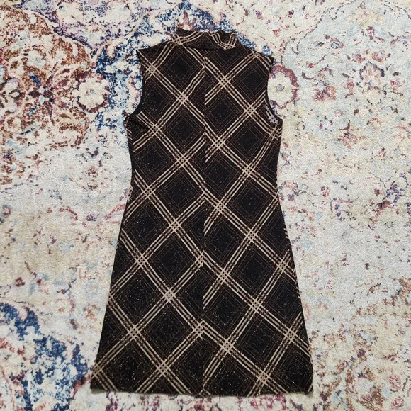 90s Y2K G.A.S. Metallic Plaid Brown Mockneck Mini Dress Size Medium - Picture 3 of 12